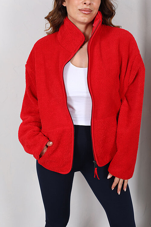 Çift Cepli Fermuarlı Oversize Kırmızı Kadın Peluş Ceket - Berox (1)