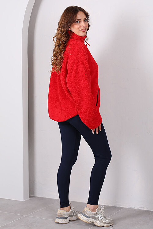 Çift Cepli Fermuarlı Oversize Kırmızı Kadın Peluş Ceket - 5