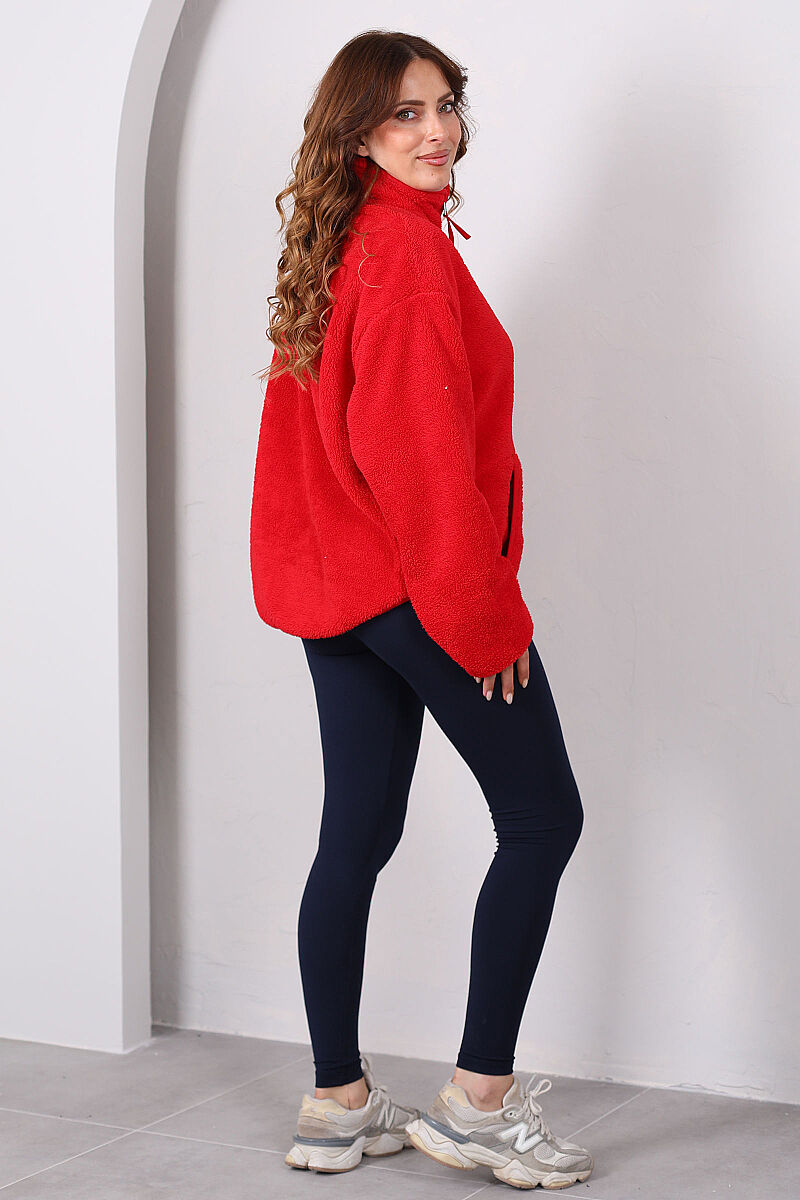 Çift Cepli Fermuarlı Oversize Kırmızı Kadın Peluş Ceket - 5