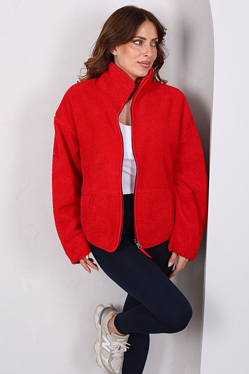 Çift Cepli Fermuarlı Oversize Kırmızı Kadın Peluş Ceket - 4