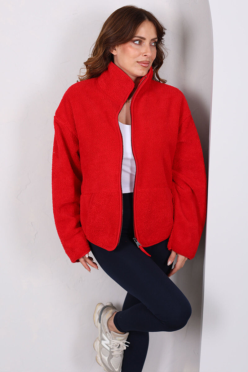 Çift Cepli Fermuarlı Oversize Kırmızı Kadın Peluş Ceket - 4