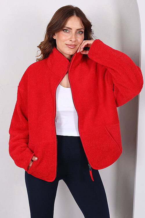 Çift Cepli Fermuarlı Oversize Kırmızı Kadın Peluş Ceket - Berox