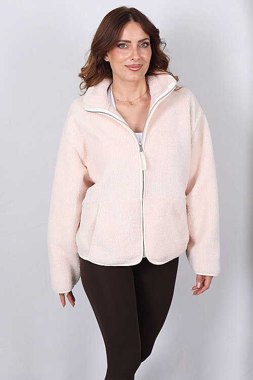 Çift Cepli Fermuarlı Oversize Krem Kadın Peluş Ceket - 6