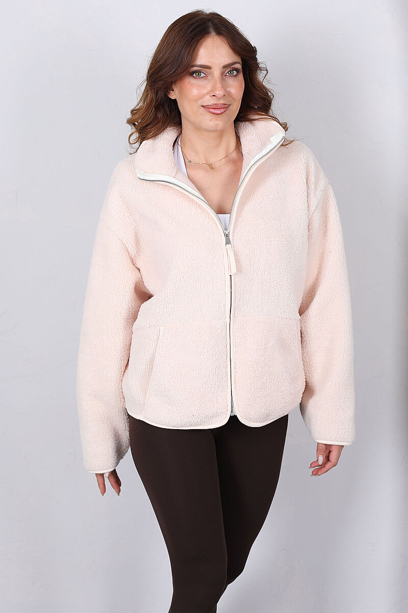 Çift Cepli Fermuarlı Oversize Krem Kadın Peluş Ceket - 6