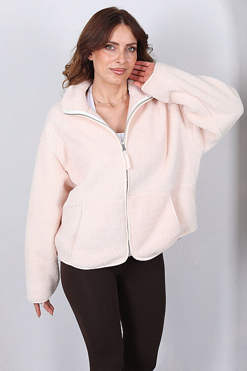 Çift Cepli Fermuarlı Oversize Krem Kadın Peluş Ceket - 3