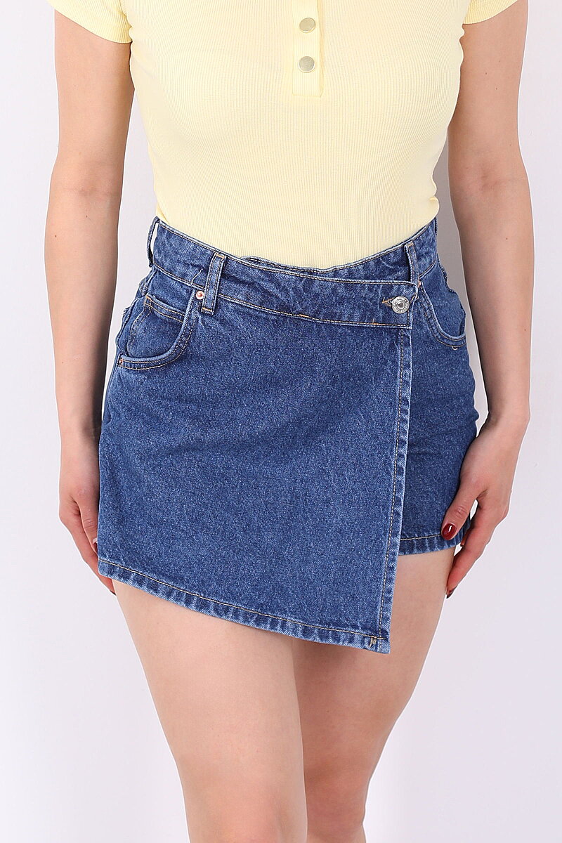 Çift Cepli Kadın Mavi Denim Şort Etek - 2