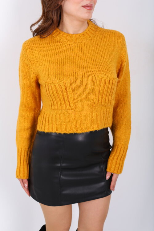 Çift Cepli Kadın Sarı Crop Triko Hırka - Berox (1)