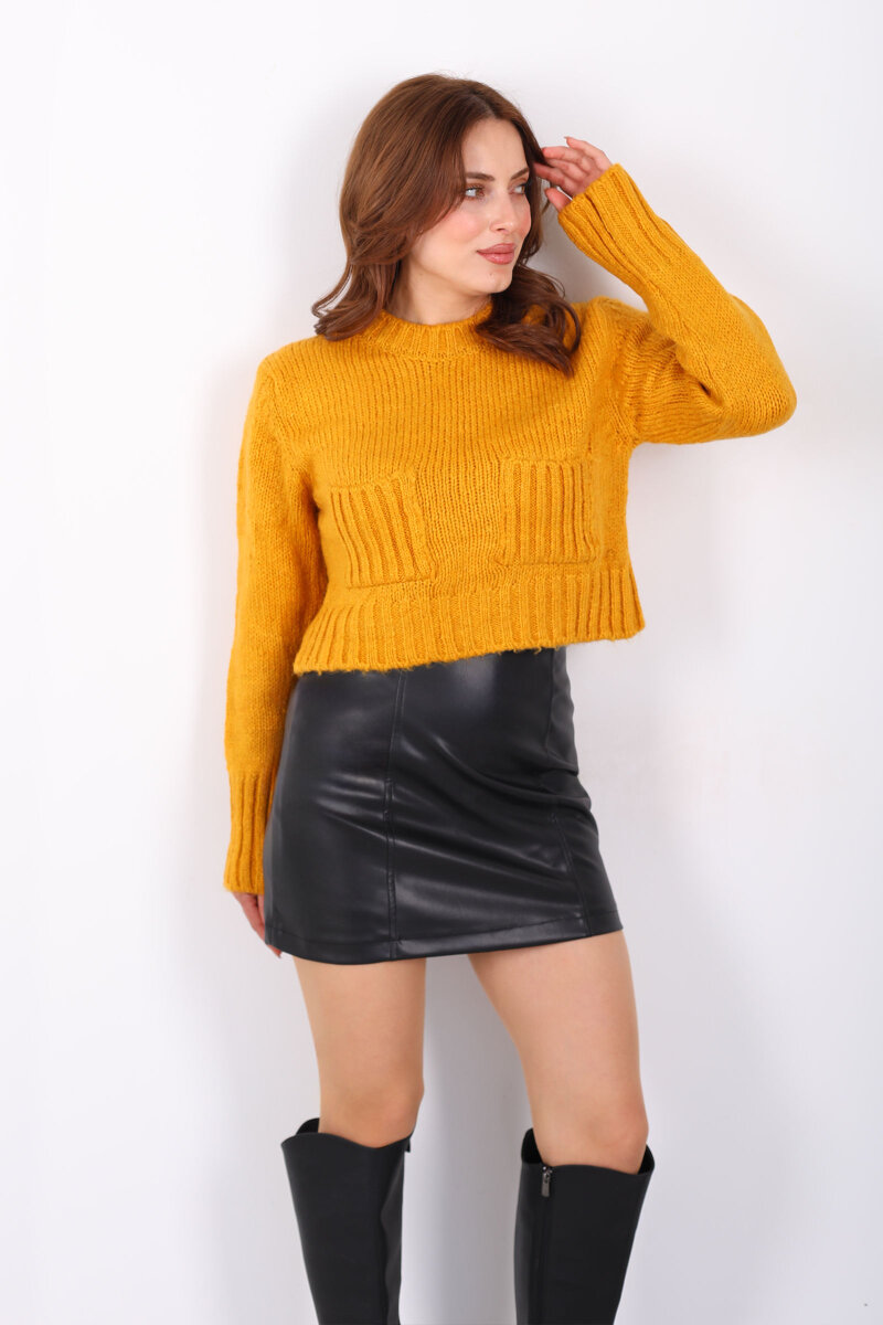 Çift Cepli Kadın Sarı Crop Triko Hırka - 1