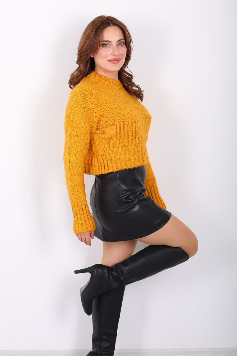 Çift Cepli Kadın Sarı Crop Triko Hırka - 4