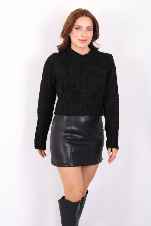 Çift Cepli Kadın Siyah Crop Triko Hırka - 5