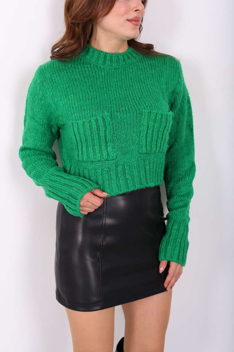 Çift Cepli Kadın Yeşil Crop Triko Kazak - 2