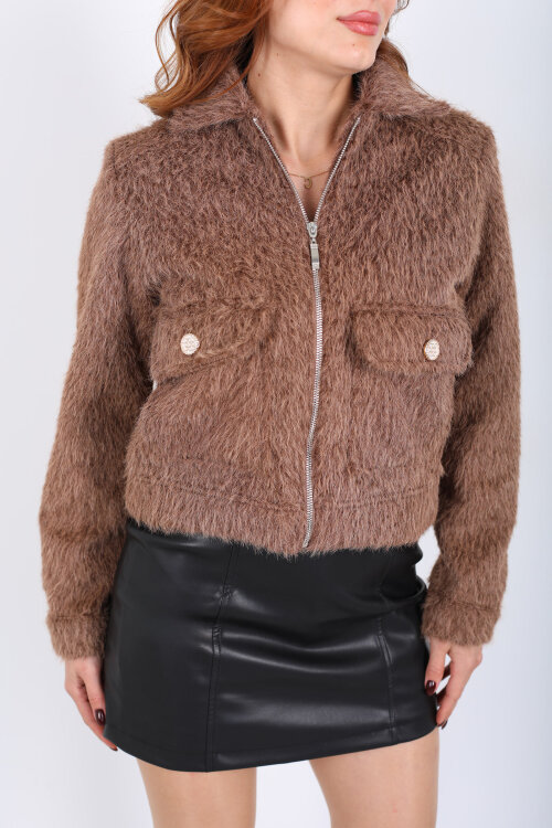 Çift Cepli Kahverengi Kadın Suni Kürk Ceket - Berox (1)