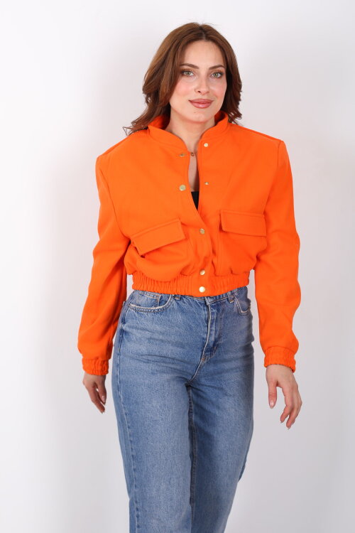 Çift Cepli Kaşe Kadın Turuncu Bomber Ceket - 6