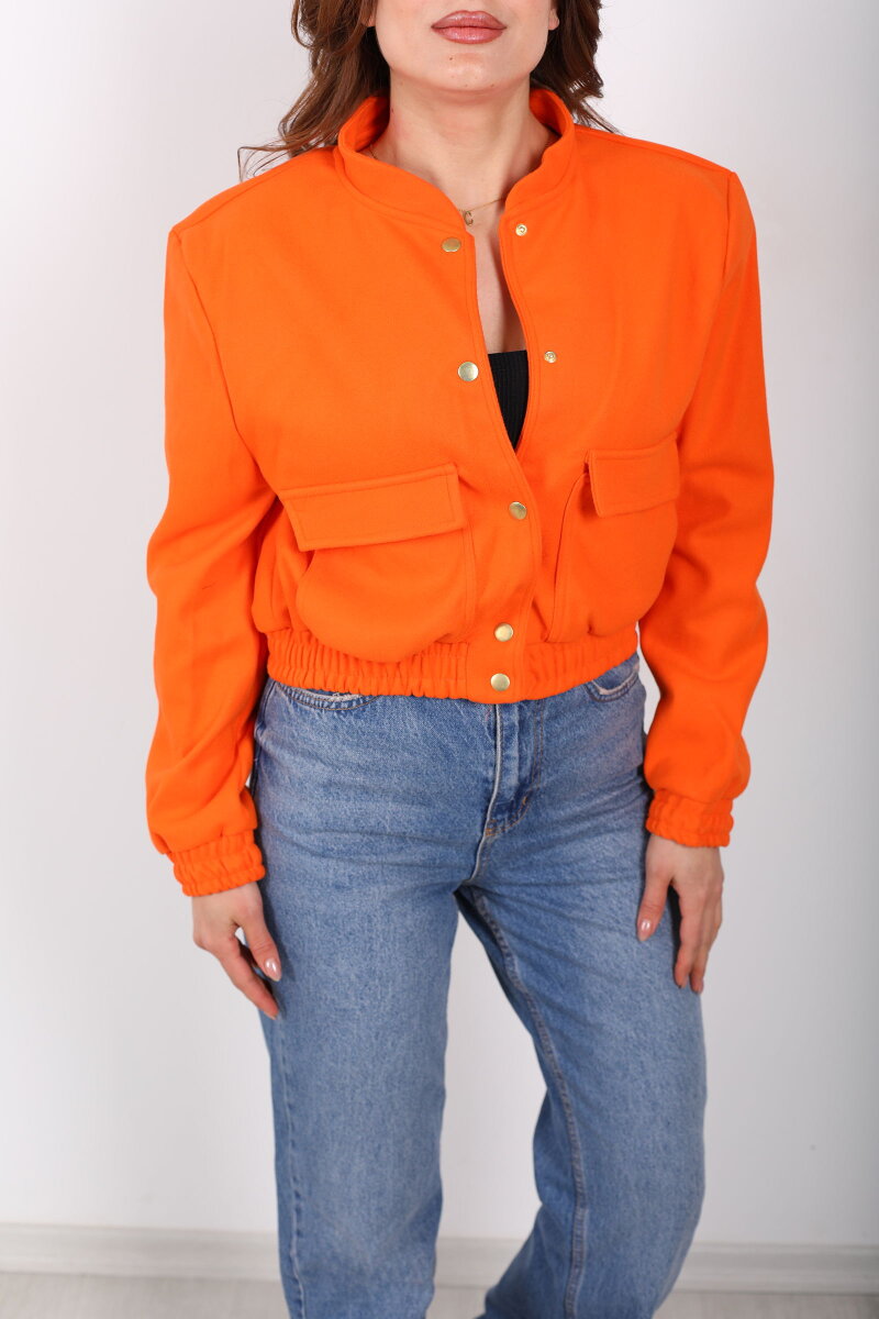 Çift Cepli Kaşe Kadın Turuncu Bomber Ceket - 2