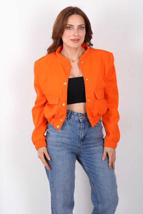 Çift Cepli Kaşe Kadın Turuncu Bomber Ceket - 3