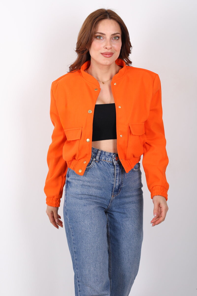 Çift Cepli Kaşe Kadın Turuncu Bomber Ceket - 1