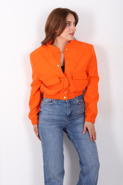 Çift Cepli Kaşe Kadın Turuncu Bomber Ceket - 4