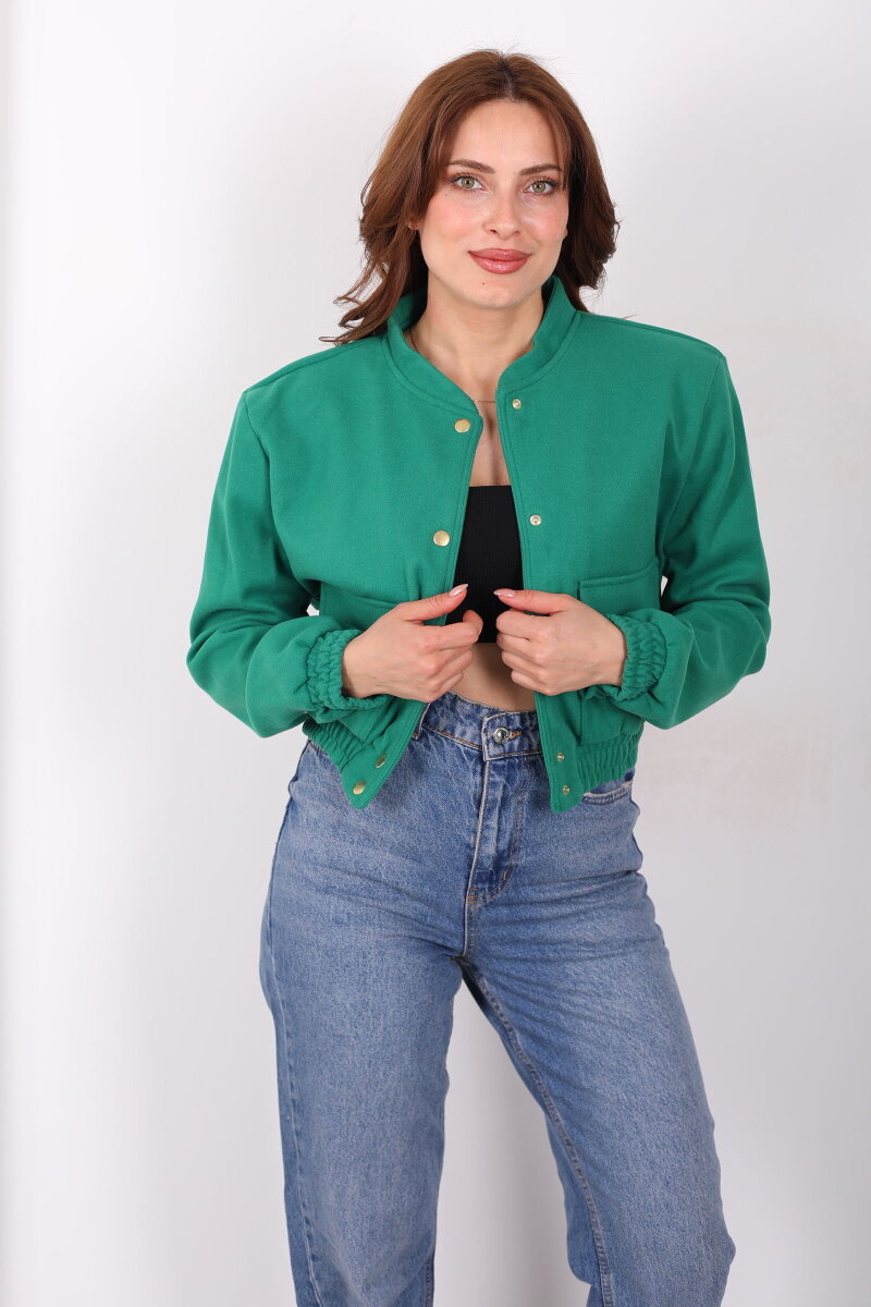 Çift Cepli Kaşe Kadın Yeşil Bomber Ceket - 3