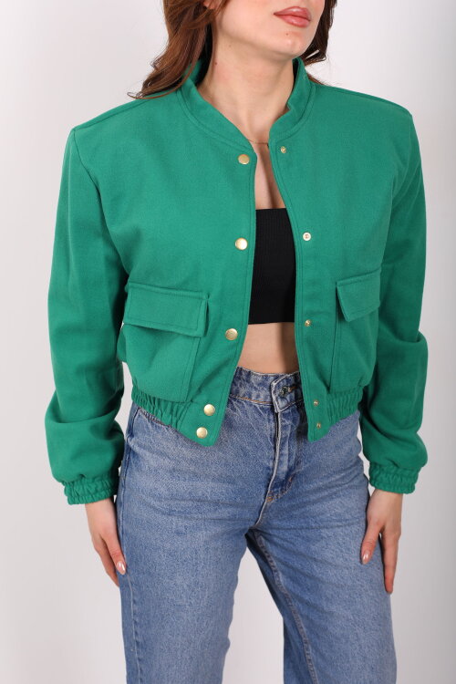 Çift Cepli Kaşe Kadın Yeşil Bomber Ceket - Berox (1)