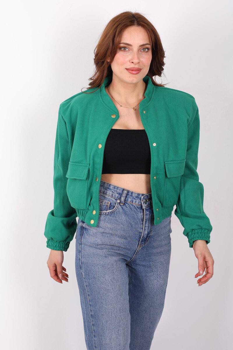 Çift Cepli Kaşe Kadın Yeşil Bomber Ceket - 6