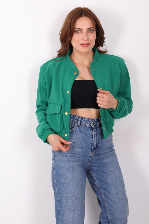 Çift Cepli Kaşe Kadın Yeşil Bomber Ceket - Berox