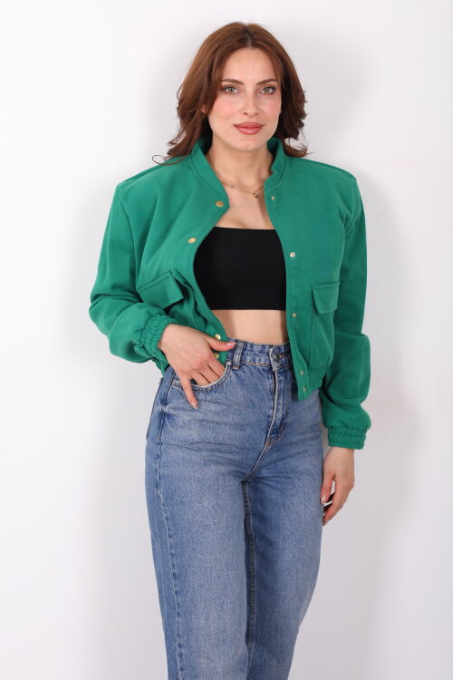 Çift Cepli Kaşe Kadın Yeşil Bomber Ceket - 4
