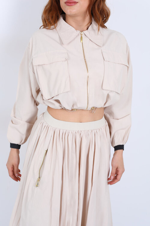 Çift Cepli Krem Kadın Midi Etek-Ceket Takım - Berox (1)