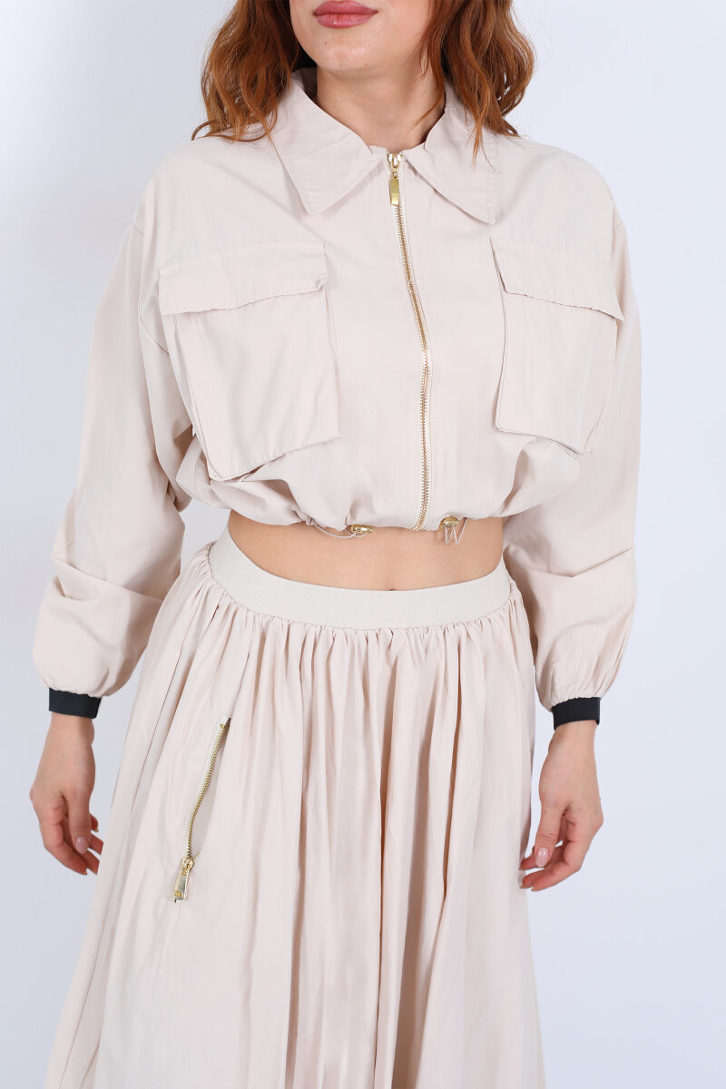 Çift Cepli Krem Kadın Midi Etek-Ceket Takım - 2