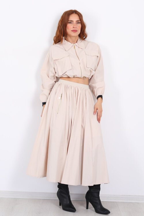 Çift Cepli Krem Kadın Midi Etek-Ceket Takım - 8