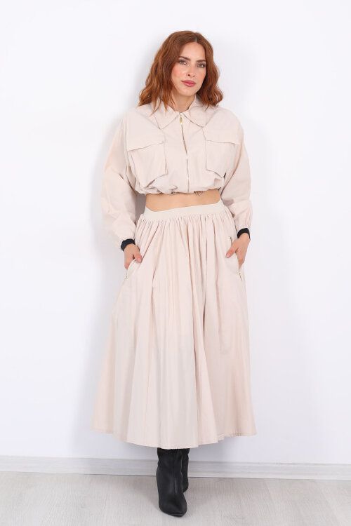 Çift Cepli Krem Kadın Midi Etek-Ceket Takım - 3