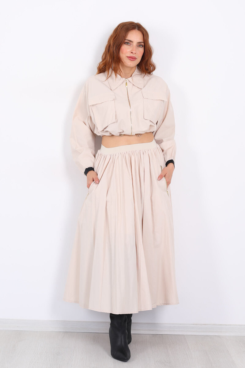 Çift Cepli Krem Kadın Midi Etek-Ceket Takım - 3