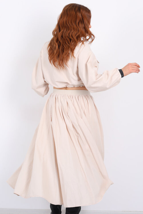 Çift Cepli Krem Kadın Midi Etek-Ceket Takım - 7