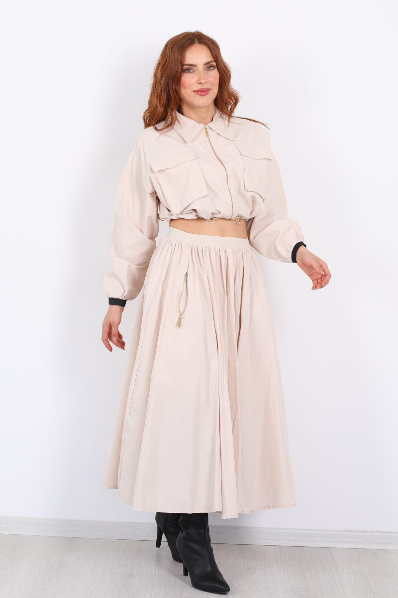 Çift Cepli Krem Kadın Midi Etek-Ceket Takım - 1