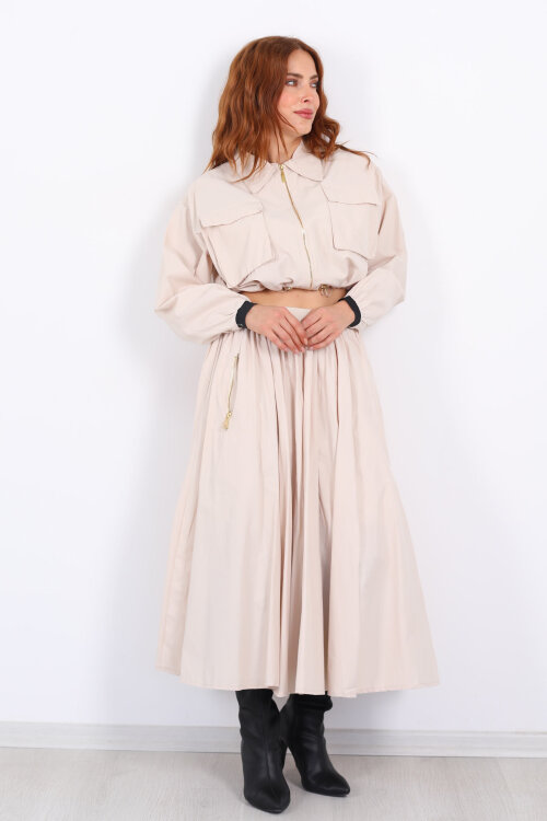 Çift Cepli Krem Kadın Midi Etek-Ceket Takım - 5