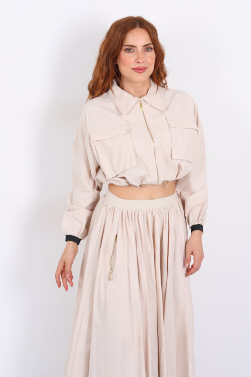 Çift Cepli Krem Kadın Midi Etek-Ceket Takım - 4