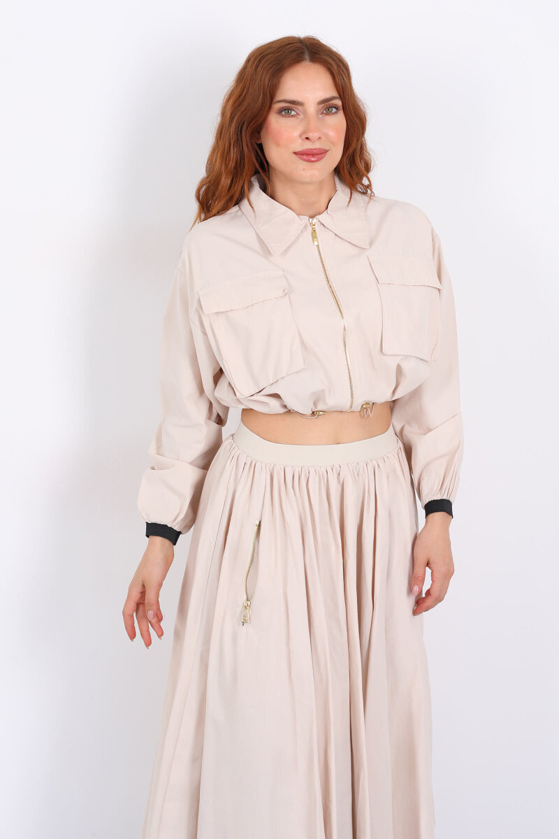 Çift Cepli Krem Kadın Midi Etek-Ceket Takım - 4