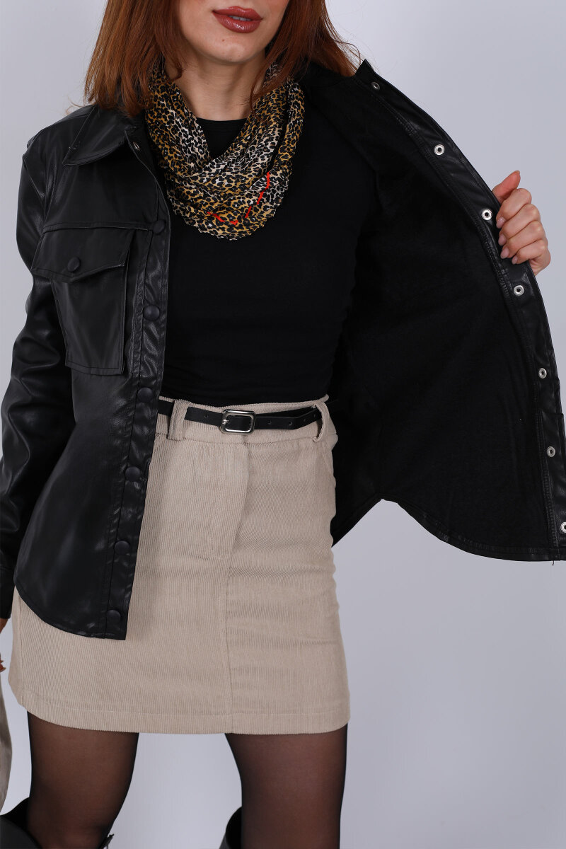 Çift Cepli Patlı Kadın Siyah Deri Gömlek - 2