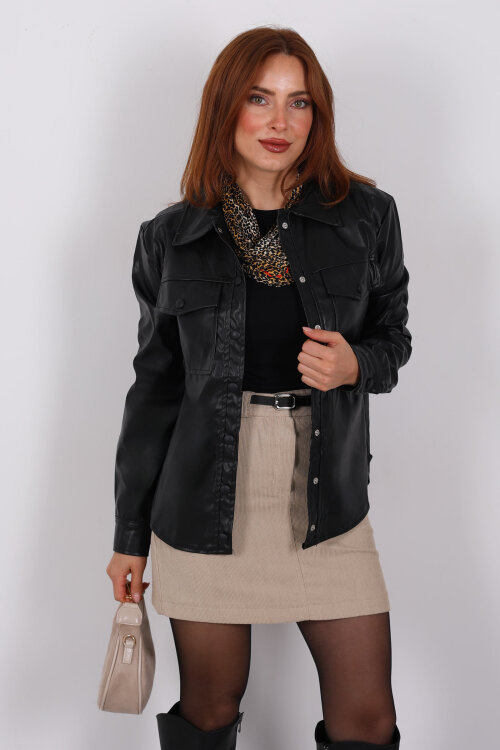 Çift Cepli Patlı Kadın Siyah Deri Gömlek - Berox