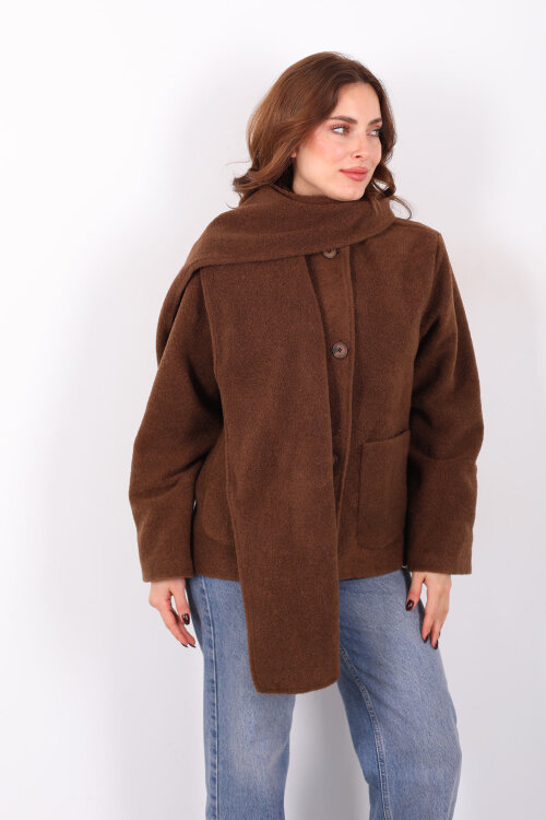 Çift Cepli Şal Detaylı Yumoş Kadın Kahverengi Kaşe Kaban - 4