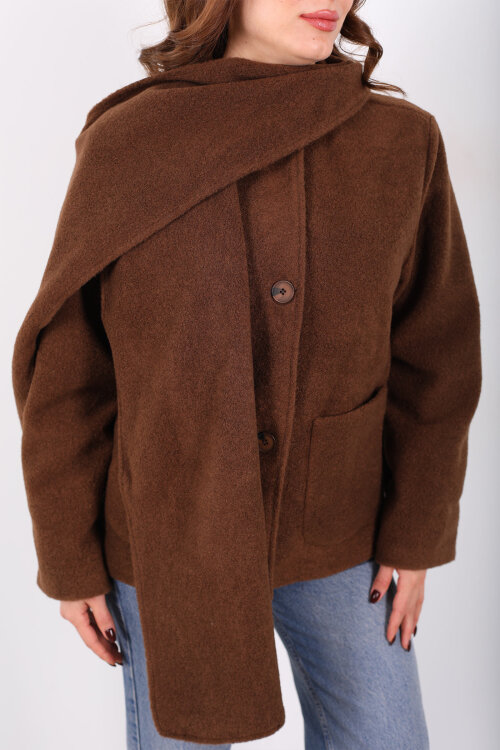 Çift Cepli Şal Detaylı Yumoş Kadın Kahverengi Kaşe Kaban - Berox (1)