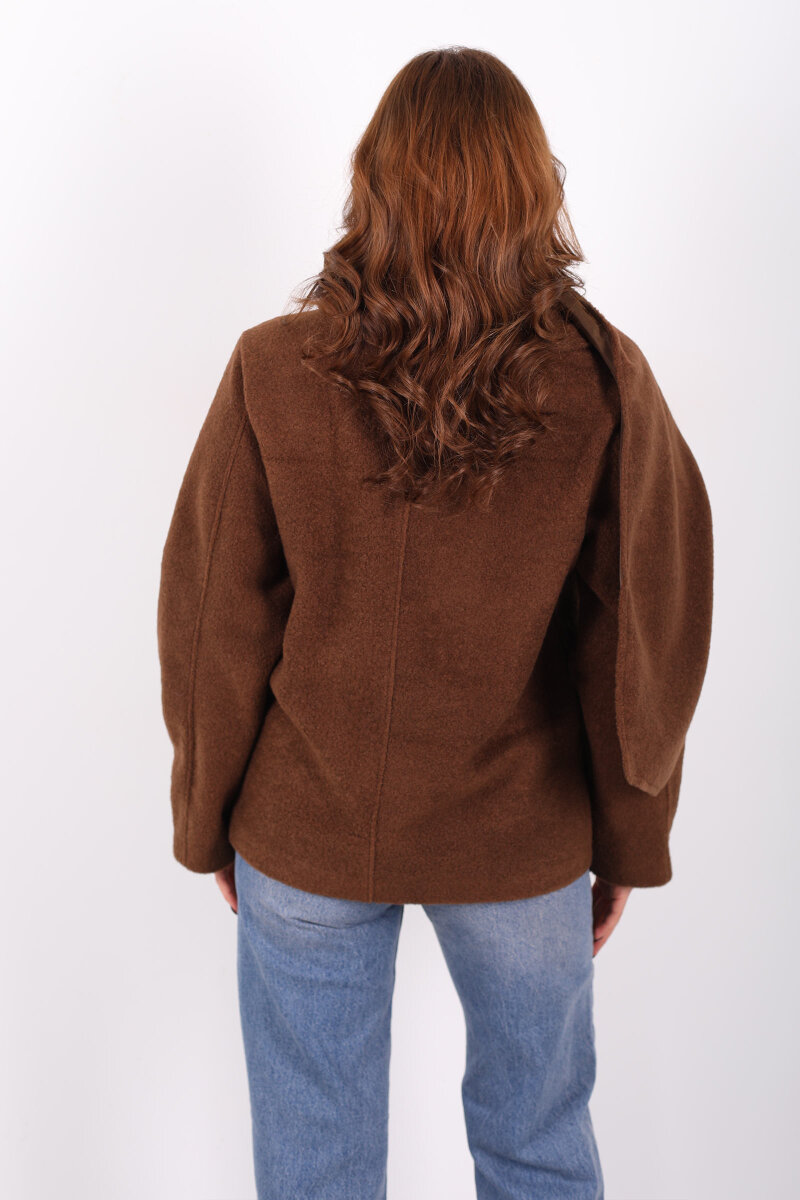 Çift Cepli Şal Detaylı Yumoş Kadın Kahverengi Kaşe Kaban - 5