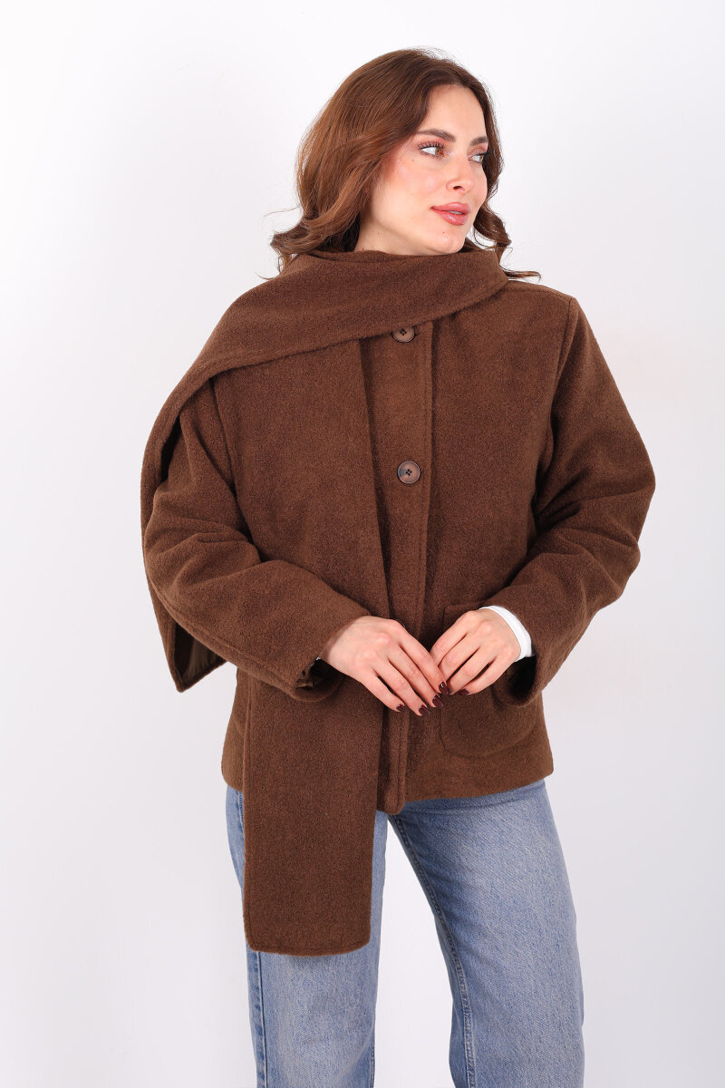 Çift Cepli Şal Detaylı Yumoş Kadın Kahverengi Kaşe Kaban - 6