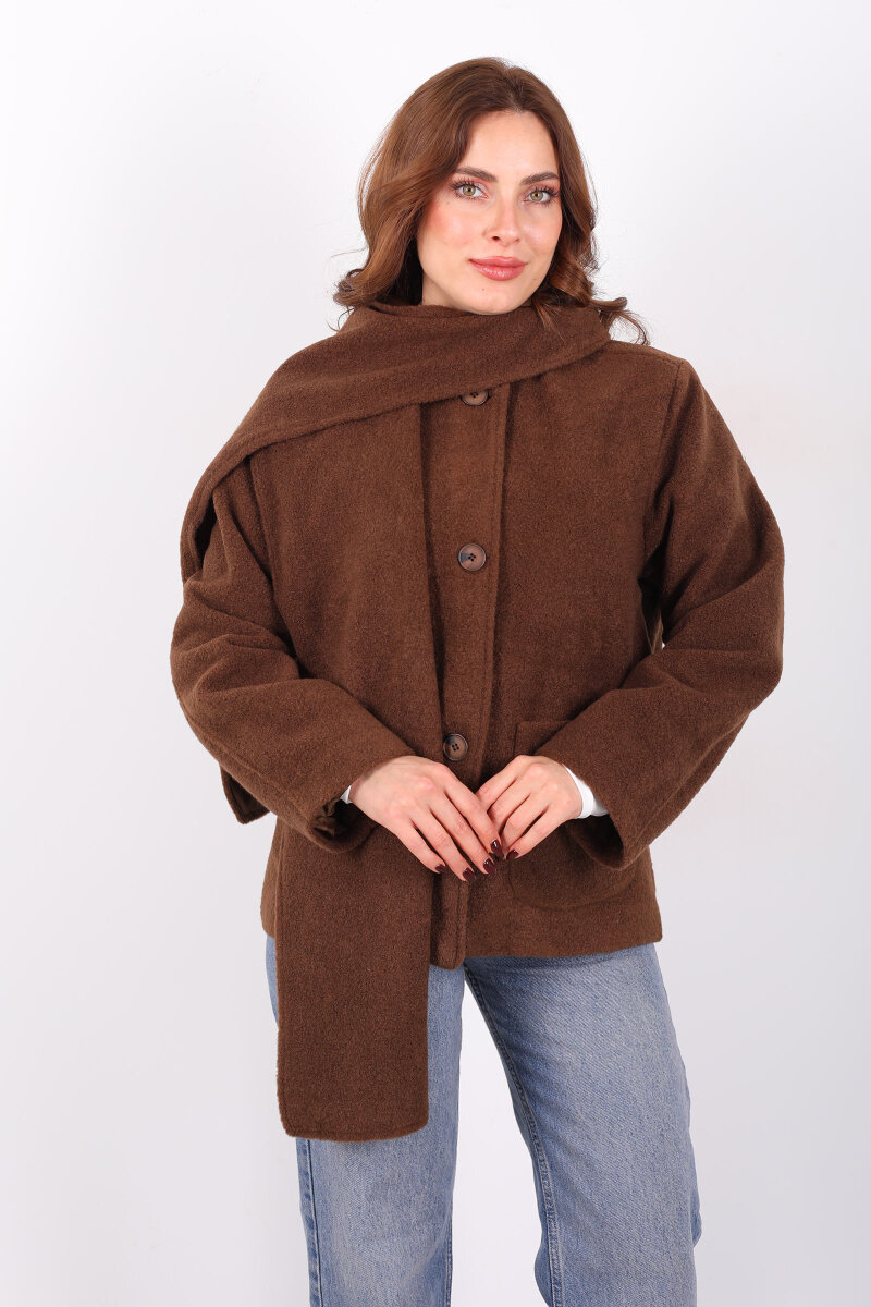 Çift Cepli Şal Detaylı Yumoş Kadın Kahverengi Kaşe Kaban - 3