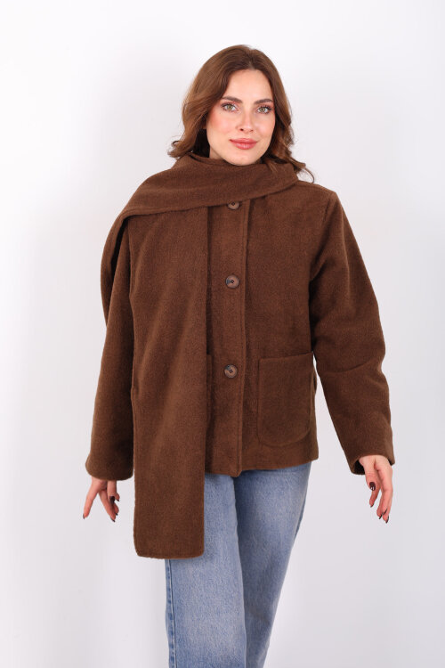 Çift Cepli Şal Detaylı Yumoş Kadın Kahverengi Kaşe Kaban - 7