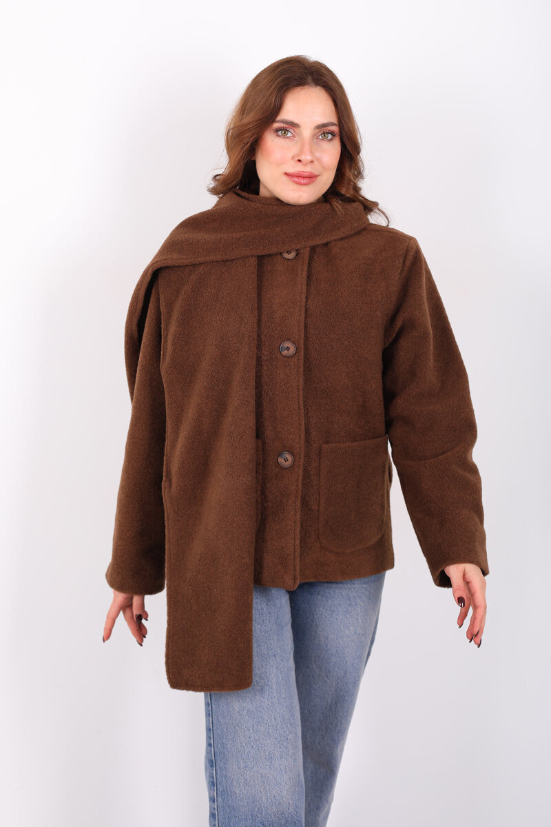 Çift Cepli Şal Detaylı Yumoş Kadın Kahverengi Kaşe Kaban - 7