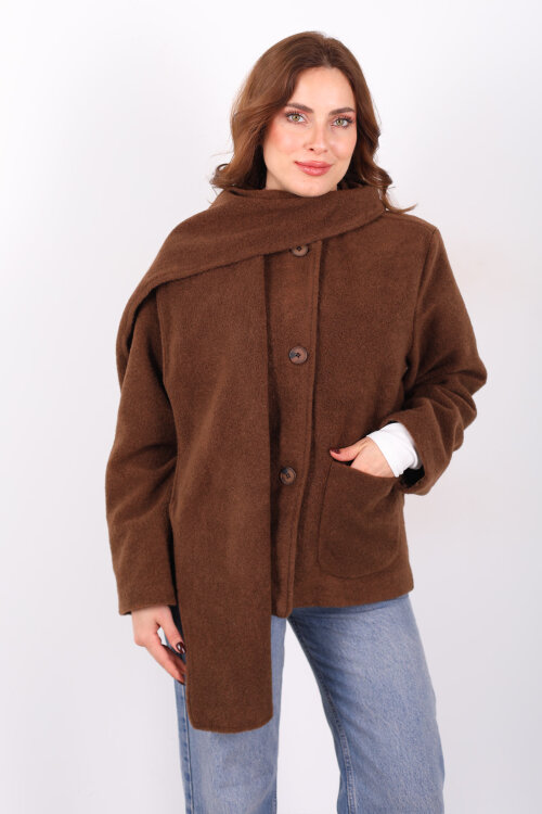 Çift Cepli Şal Detaylı Yumoş Kadın Kahverengi Kaşe Kaban - Berox