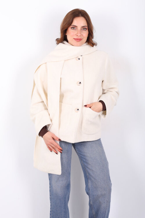 Çift Cepli Şal Detaylı Yumoş Kadın Krem Kaşe Kaban - 4