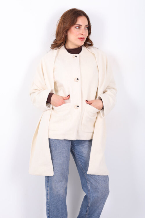 Çift Cepli Şal Detaylı Yumoş Kadın Krem Kaşe Kaban - 3