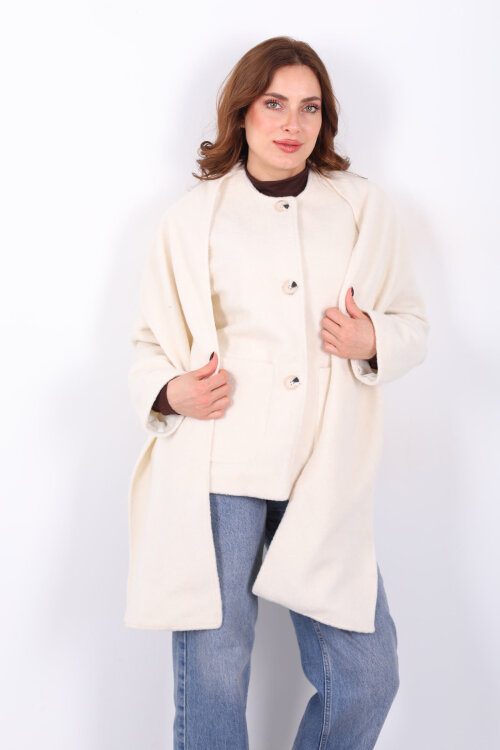 Çift Cepli Şal Detaylı Yumoş Kadın Krem Kaşe Kaban - 7