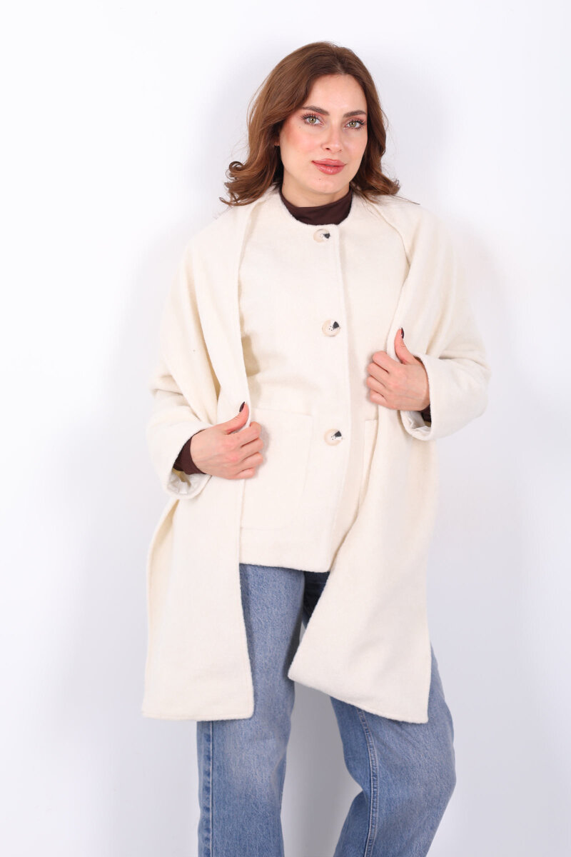 Çift Cepli Şal Detaylı Yumoş Kadın Krem Kaşe Kaban - 7